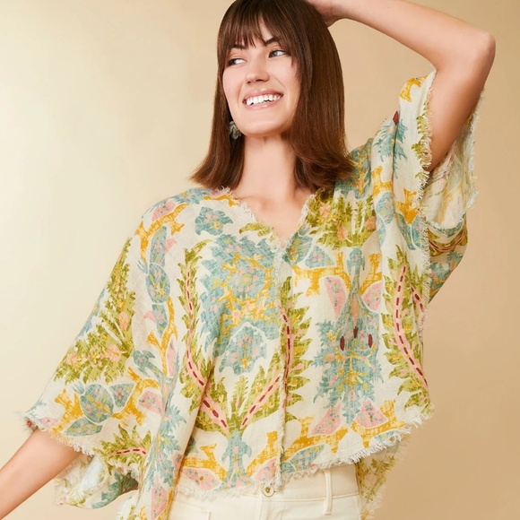 NWT Rynn Linen Poncho/Blouse Sugar Mill Damask Flax - Picture 2 of 8